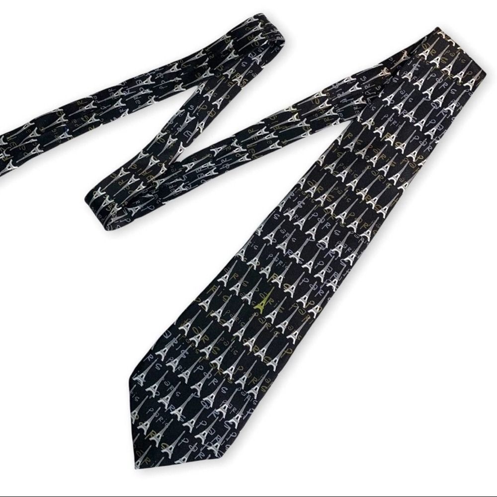 Robin Ruth Black Silky Paris Eiffel Tower Theme Men's Tie One Size Silver Gold